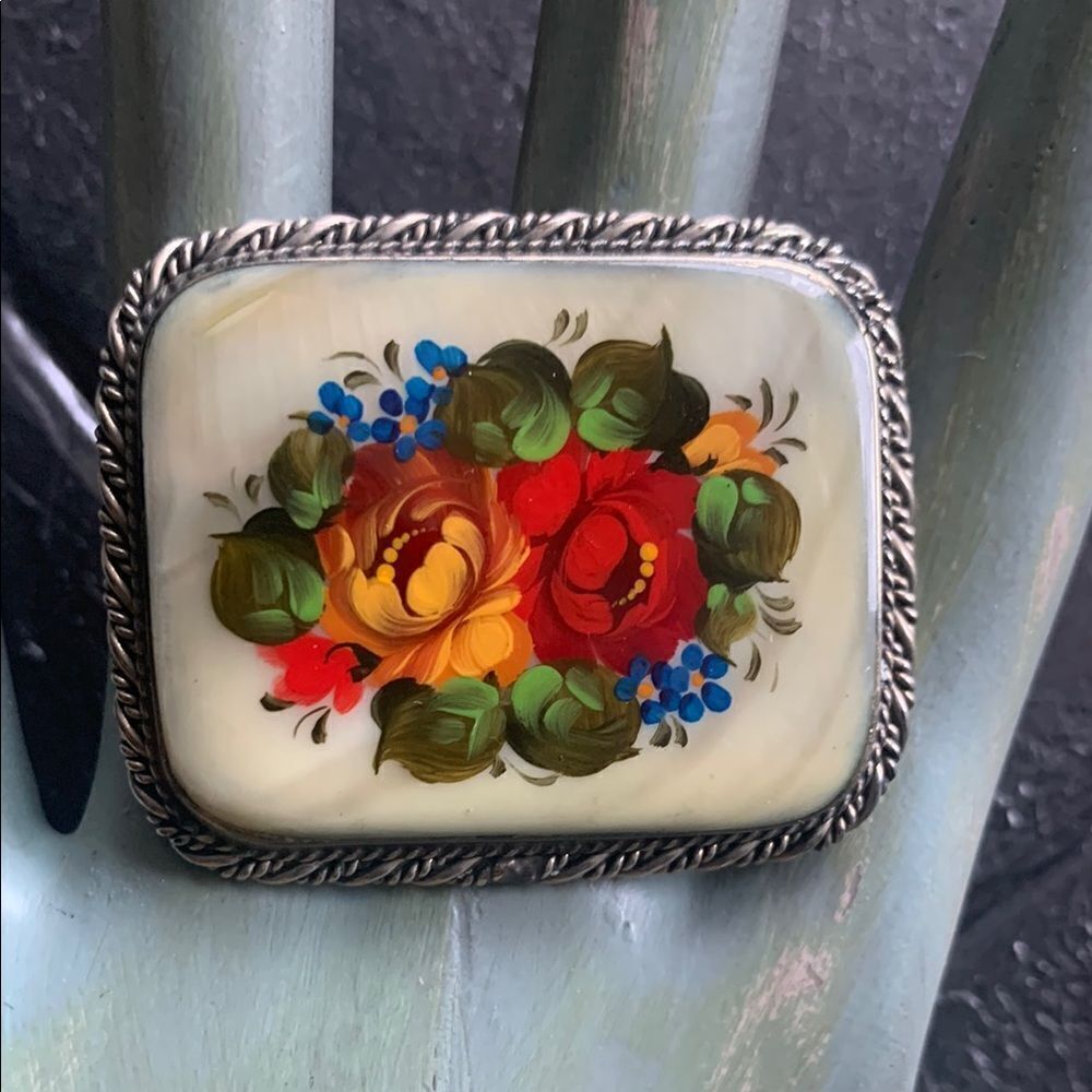 Vintage Hand-painted lacquer florals on MOP Silver Pin, Made in Russia